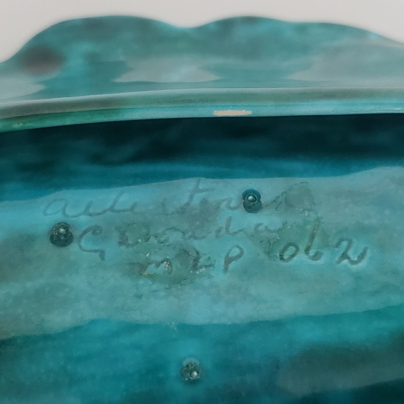 MLP Pottery Trinket Dish Teal Black Glossy Glazed Handmade Long Leafy Design - Picture 4 of 9